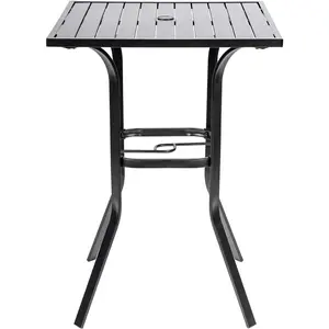 Intergreat Patio Height Bar Table, Outdoor Bistro Square High Top Dining Table with 1.57'' Umbrella Hole & Steel Slat Table Top (Black)