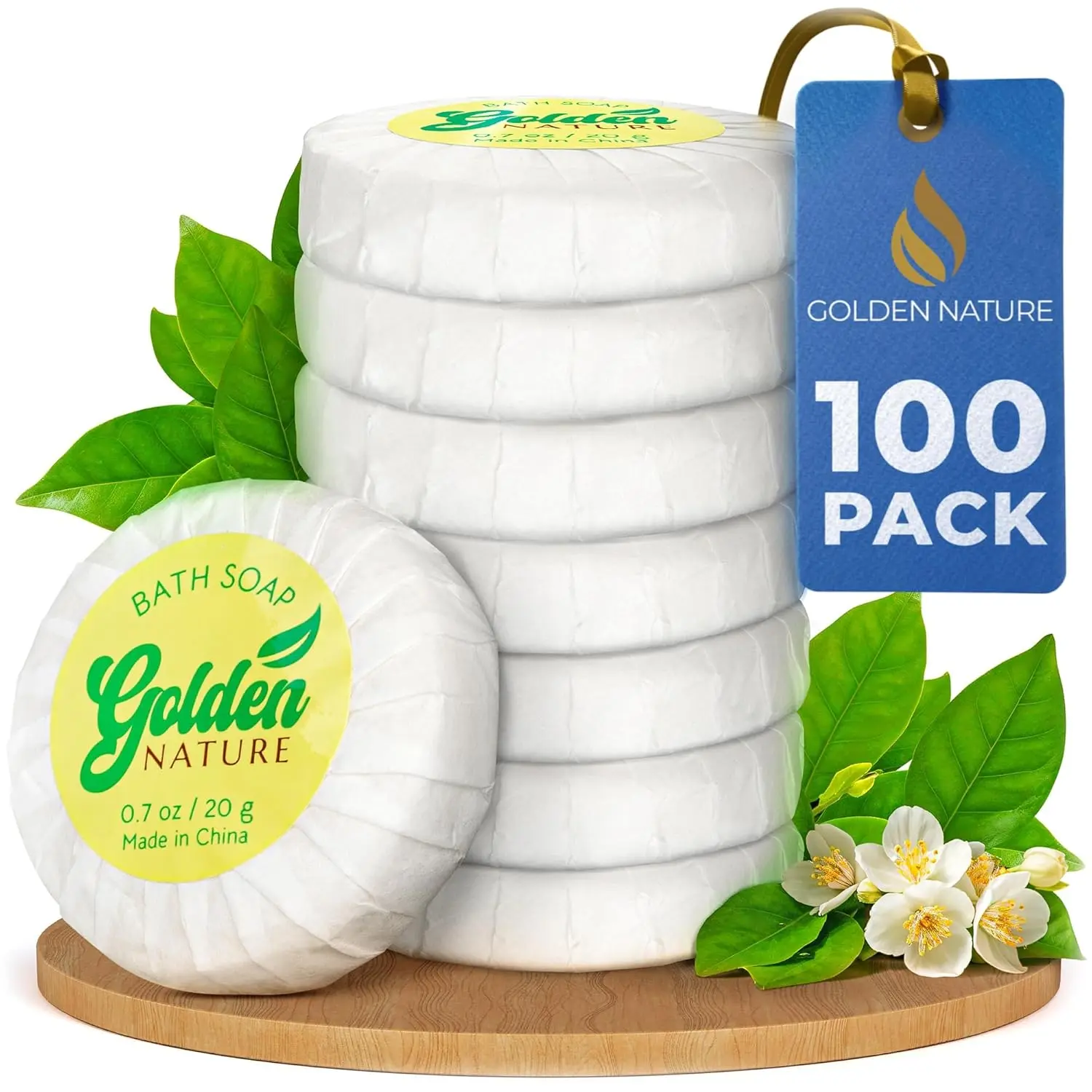 Golden Nature Vegan Glycerin Hotel Soap Bars, 100-Pack 0.7 oz Jasmine Scented Luxury Floral Normal Body Cleanser, Cruelty-Free Individually Wrapped Travel-Size Bulk Quantity for Hotels, Fresh Travel Toiletries