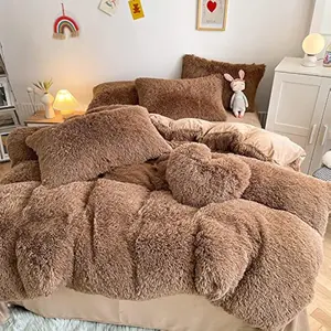 Faux Fur Plush Coffee Comforter Sets King - Ultra Shaggy Flannel Velvet Fluffy Fuzzy 3PC (Comforter x 1 Pillowcases x 2) Bedding Set