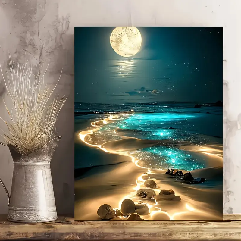 Artistic Ocean Scene Graphic Prints Framed Room Art - 1-Piece Midnight Effect Wood Framed Decoration Items, Modern Home Supplies for Living Room, Bedroom