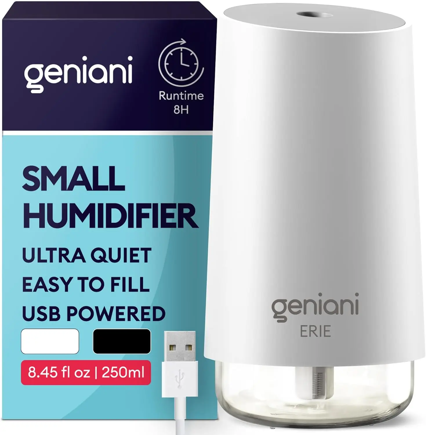 Geniani 250ML Portable Cooling Mist Smart Humidifier - USB Powered, Auto Shut-Off, 38dB Quiet, 8H Runtime, Night Lights, Water-Safe, Compact for Any Space, Great for Office Desks, Baby-Friendly Aroma Diffuser