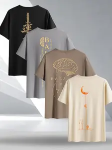 4-Pack Men's Letter Print T-Shirts, Loose-Fit Casual Short Sleeve, Street Style, Daily Wear, Versatile Top for Multiple Occasions