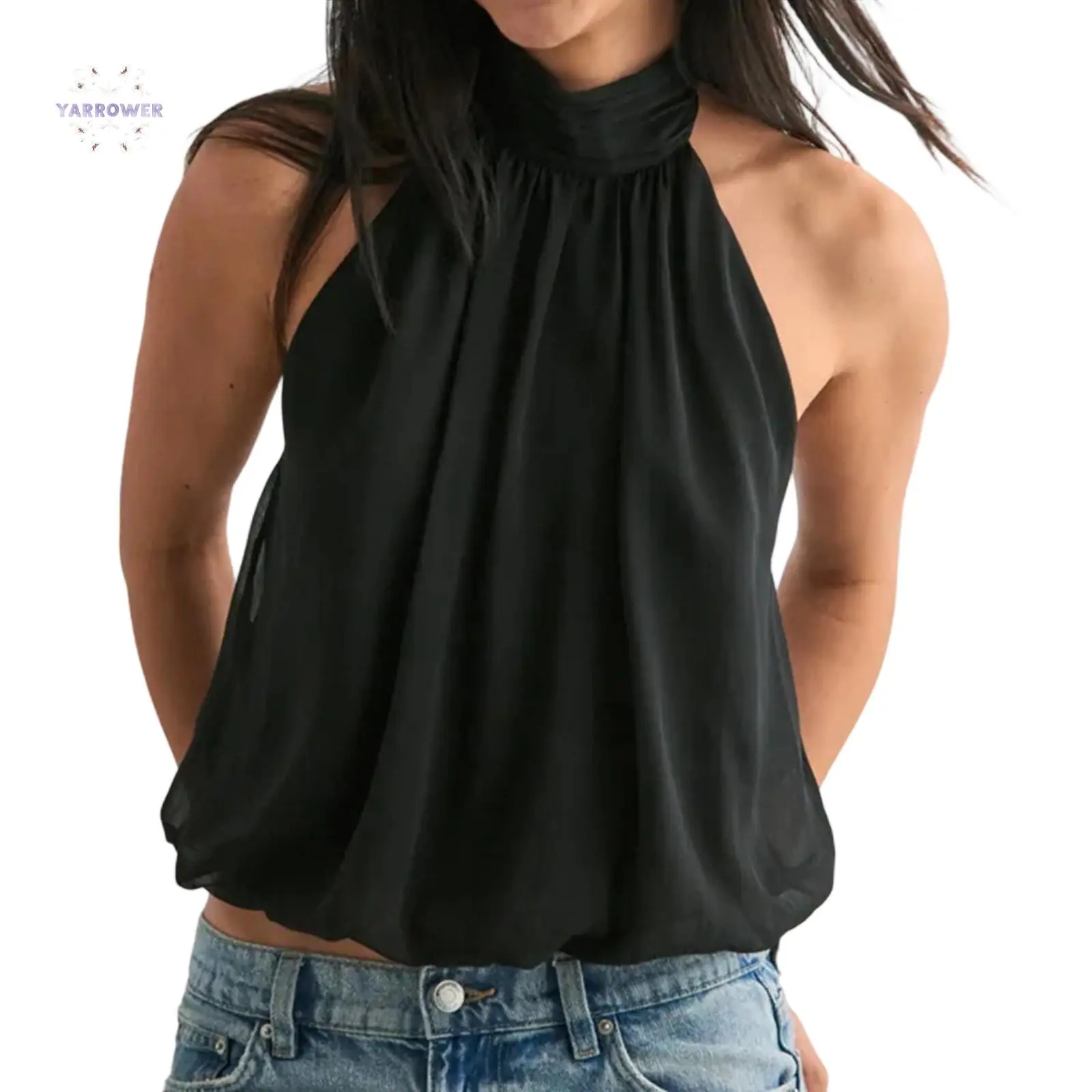 Women Halter Backless Chiffon Top High Neck Sleeveless Open Back Crop Tops Y2k Party Club Going Out Top
