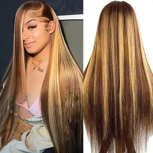 P4/27 Highlight Straight 13X6 Lace Frontal Wigs 200% Density Body Wave HD Transparent Lace Front Human Hair Wigs Highlight Colored Human Hair Wigs
