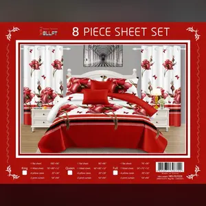 8 Piece Sheet Set - King Size, 100% Cotton, 1 Flat Sheet, 1 Fitted Sheet, 4 Pillowcases, 2 Point Curtains