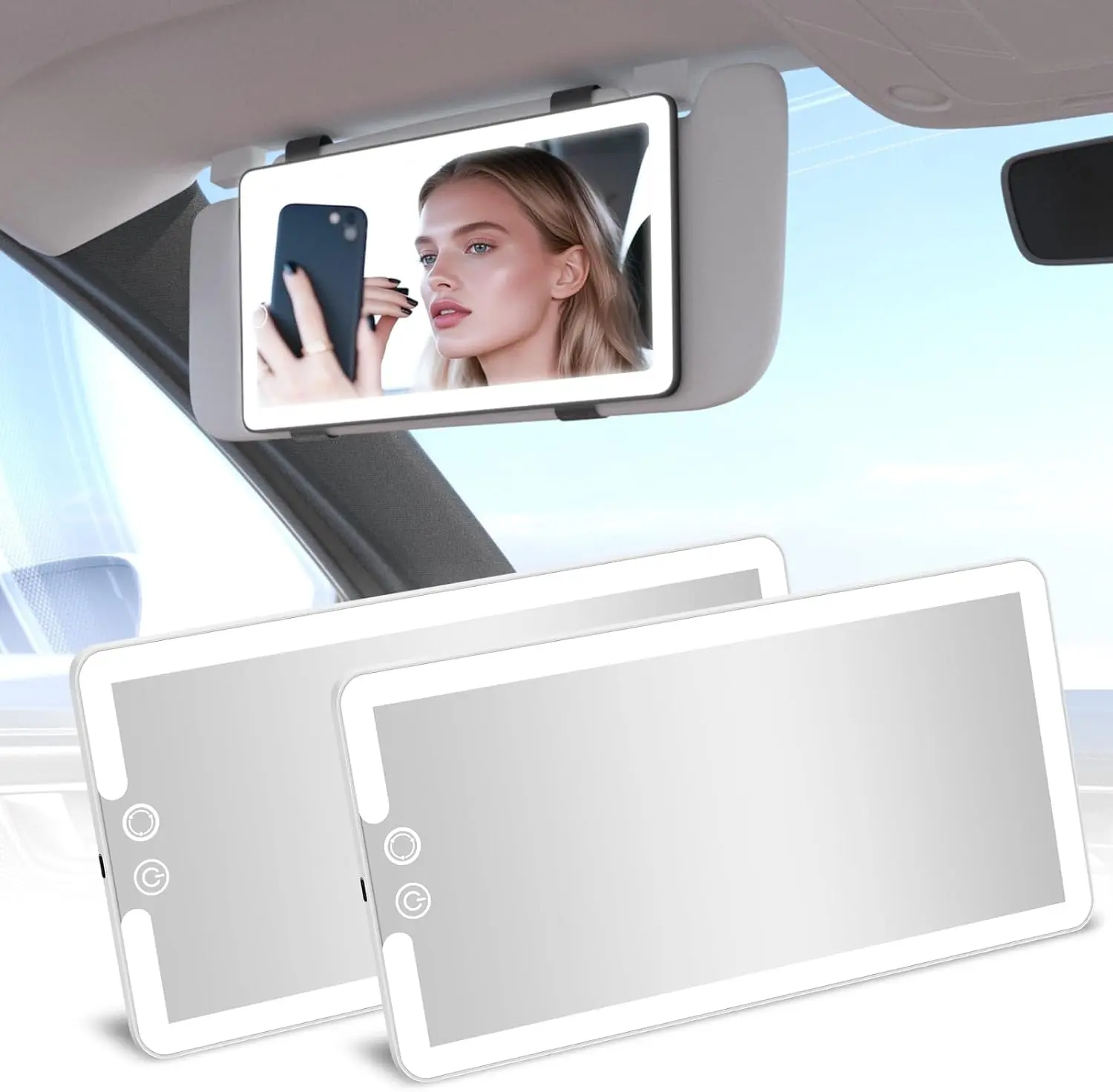 HMGGOOFA Large Portable Vanity Car Sun Visor Makeup Mirror - Rechargeable Cool LED Mirror with 3 Color Modes, Touch Dimmable Brightness, Tool-Free Hook Strap, Compact HD Clarity, Batteries, Vanity Aesthetic, Car Adapter Compatibility, Car Mirror, Warm