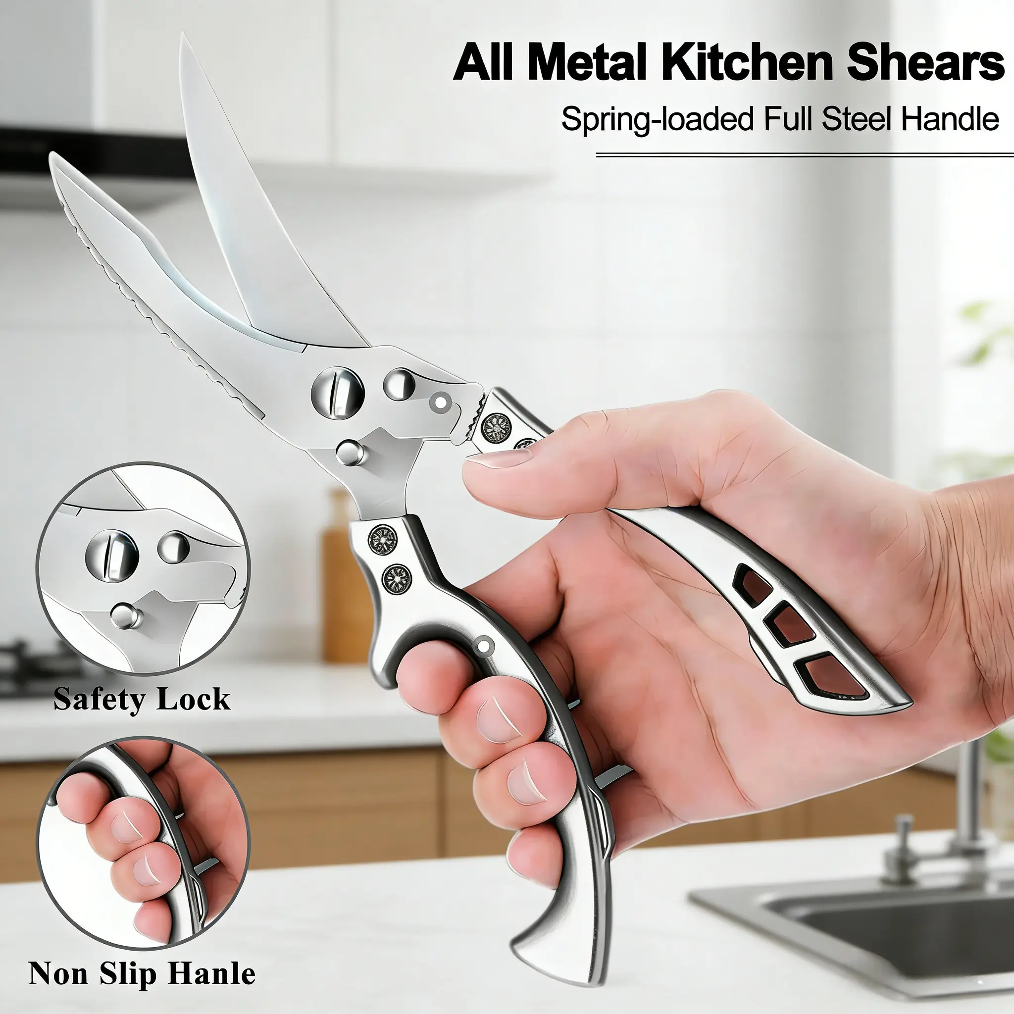 Heavy-Duty Stainless Steel Kitchen Scissors - Extra-Sharp Blades, Spring-Loaded Design, Dishwasher-Safe for Meat Cutting & Food Prep