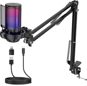 Gaming Microphone, USB PC Mic for Podcasts Videos, Streaming, Condenser Mic with Quick Mute, Tripod Stand, Pop Filter, RGB Indicator, Shock Mount, Rotate gain button, Compatible with PS4/5/PC