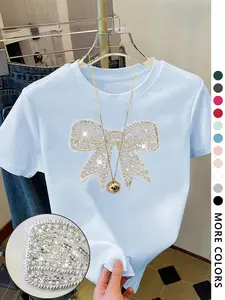 Women's Rhinestone Decor Bowknot Design Tee, Casual Short Sleeve Round Neck T-shirt for Daily Wear, Ladies Clothes for All Seasons, Top