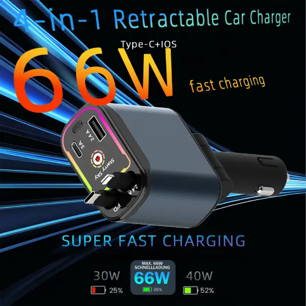 Four-in-one rapid car charger, compatible with iPhone 17/16/15/15 Pro Max/14 Pro/Max/13/12/11 and Android devices via extendable cable. Features a red star ambient lighting design with 66W powerful fast charging, suitable for all vehicle models.
