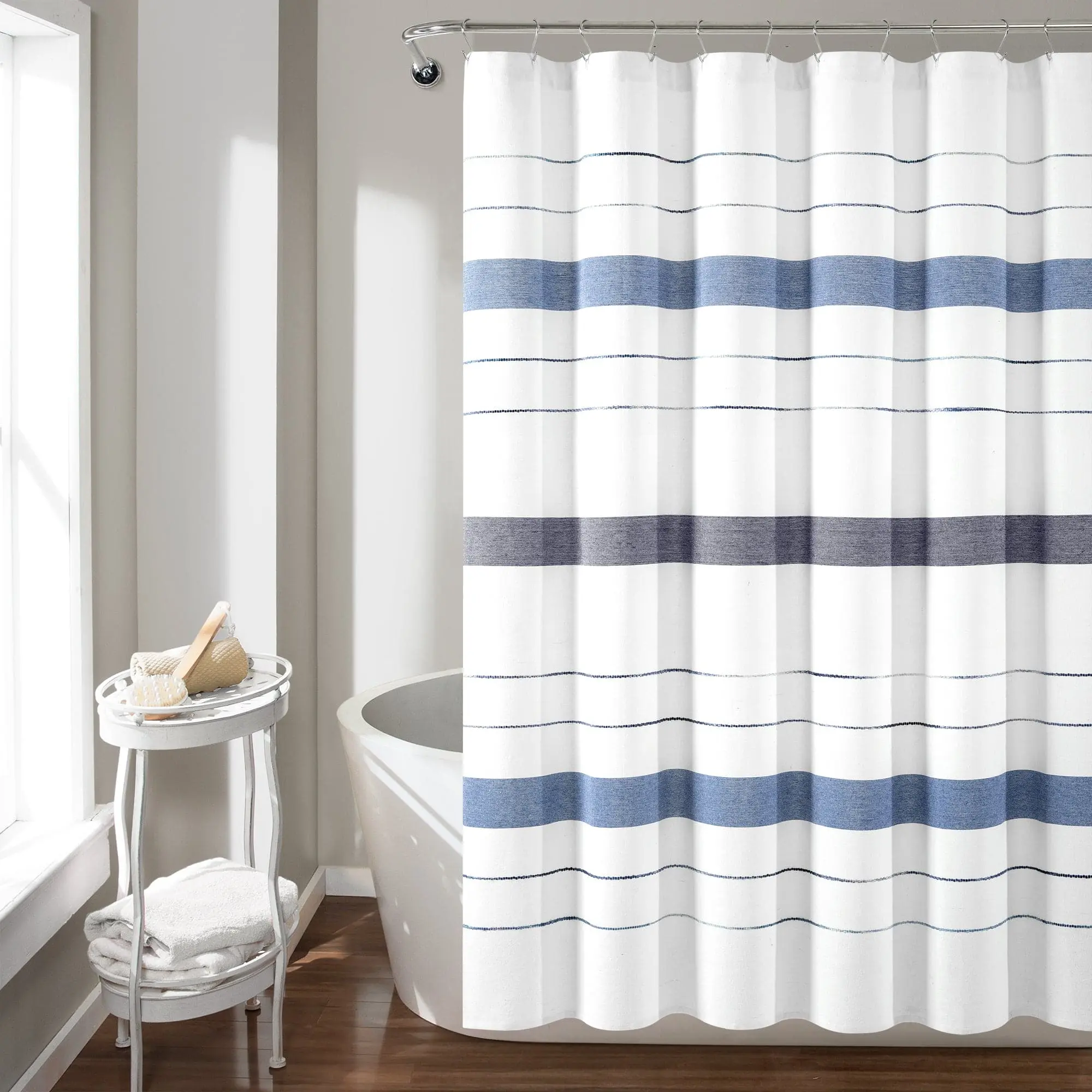 Lush Decor Chic Stripe Yarn-Dyed Eco-Friendly Recycled Cotton Blend Shower Curtain (72"x72") - Ombre Detailing, Tufted Stitching, Elevated Texture, Button Holes, Easy Installation for Bathroom Theme Home Decor, Shower Curtains