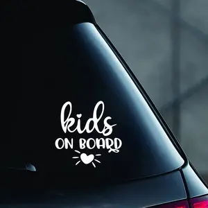 Kids on Car Stickers - Decal for cars, Car decorative sticker, Fun vinyl bumper sticker with heart and lightning design, self-adhesive safety reminder for home and vehicle, black background with white text, Fun design, Easy to apply