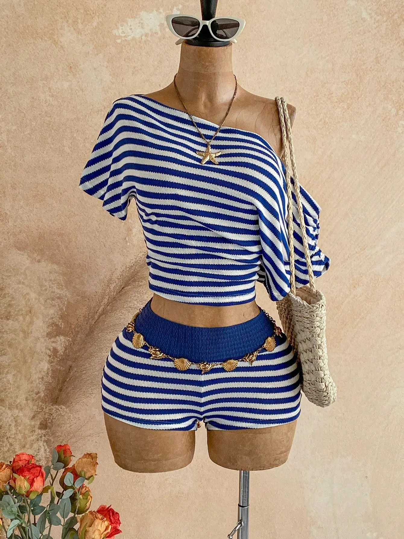 LALUZ Casual Tropical Women's Top And Shorts Two Piece Set Asymmetric Collar Batwing Sleeve Mustard Yellow Summer Vacation Outfit