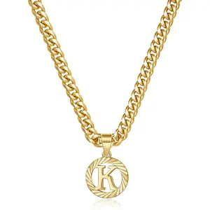 Gold Initial Necklace,14K Gold Plated Round Letter Pendant Hollow Capital Monogram 5mm Cuban Chain Necklace Alphabets from A-Z Dainty Jewelry for Women Men