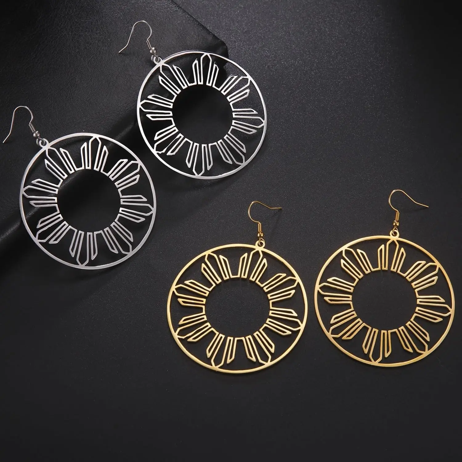 Large Philippine Sun Hoop Earrings - Stainless Steel Hollow 8-Ray Design, Gold or Silver Tone for Daily Wear & Parties