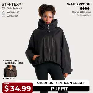 【Restocked】PUFFIT STM-TEX Short One-Size Rain Jacket With Pleated Hem,Hooded Jacket,Waterproof Jacket,Women Jacket,Wide-Brim Hood,Adjustable Cuffs,Zips,Outdoor Sport,Jacket,Statements,Windbreaker,Spring,Dog Walking,School Running,Football Mum,Stylish