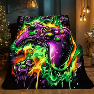 [Gaming Blanket] 1Pc Gaming Blanket - Ultra Soft Lightweight Flannel Throw With Neon Glow-In-The-Dark Game Controller Design, All-Season Cozy Warm Bedspread For Couch, Bed, Travel - Perfect Gamer Gift For Birthday, Graduation, Holidays (Green, Purple, Bla