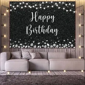 Elegant Black Polyester "Happy Birthday" Party Backdrop, 230x180cm Silver Glitter Spot Sparkle Fabric, Party Decoration Supplies for Adult Celebrations, Indoor-Outdoor Banners & Ornaments