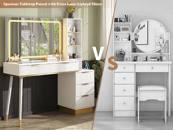 [Spring Sale] AMERLIFE 54" Tall Makeup Vanity, Vanity Desk Table with 35"W x 24"H Mirror, 5 Drawers, 3 Shelves & Charging Station, Glass Top, Modern Minimal for Home Storage/Interior Bedroom Furniture/Best Gift Ideas/Christmas Gifts