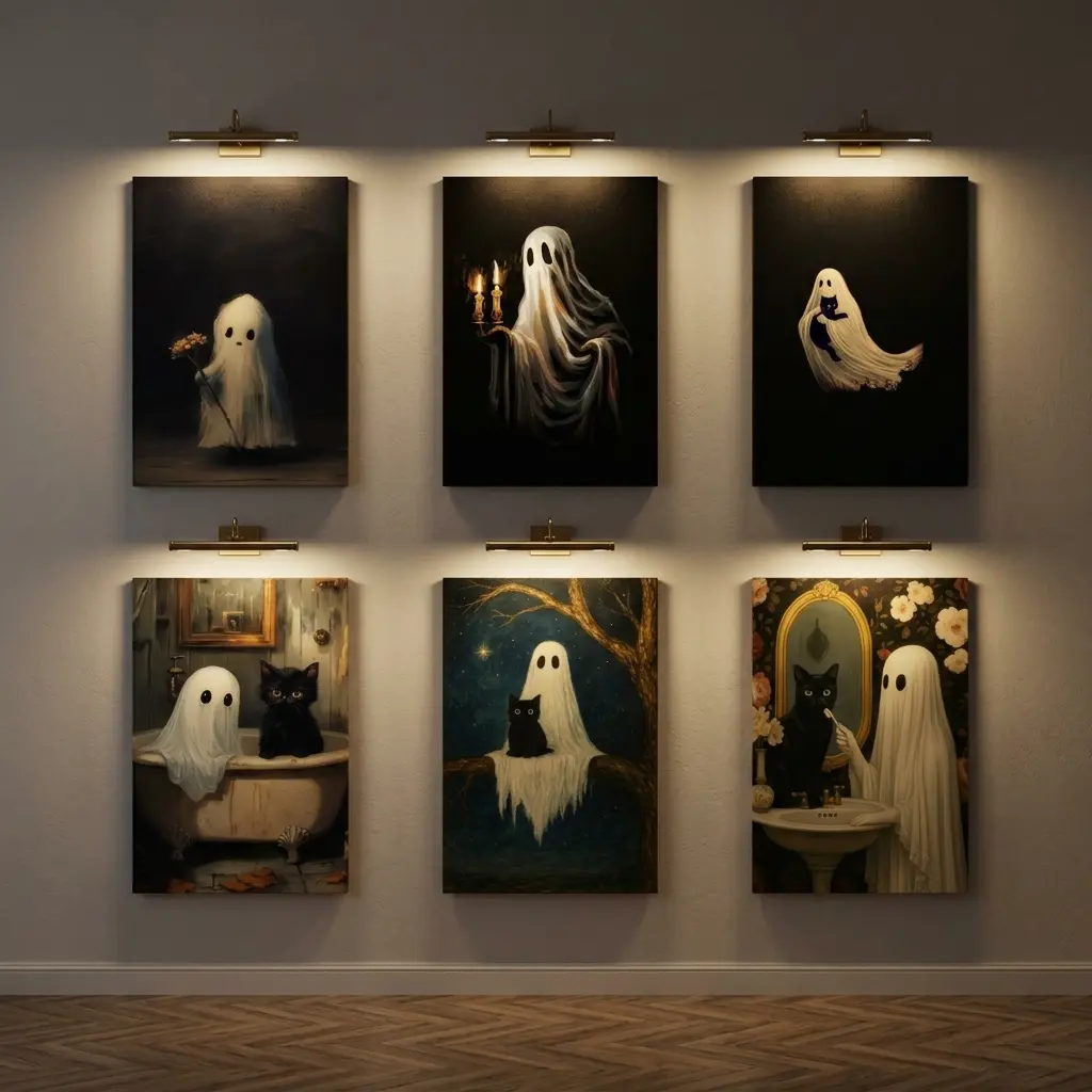Retro Gothic Ghosts Girl Holding Candlestick Oil Painting - Unframed Canvas Wall Art Print, Dark Spooky Gothic Home Decor for Dark Academia Bedroom, Halloween Gift, Farmhouse Minimalist Window Accent