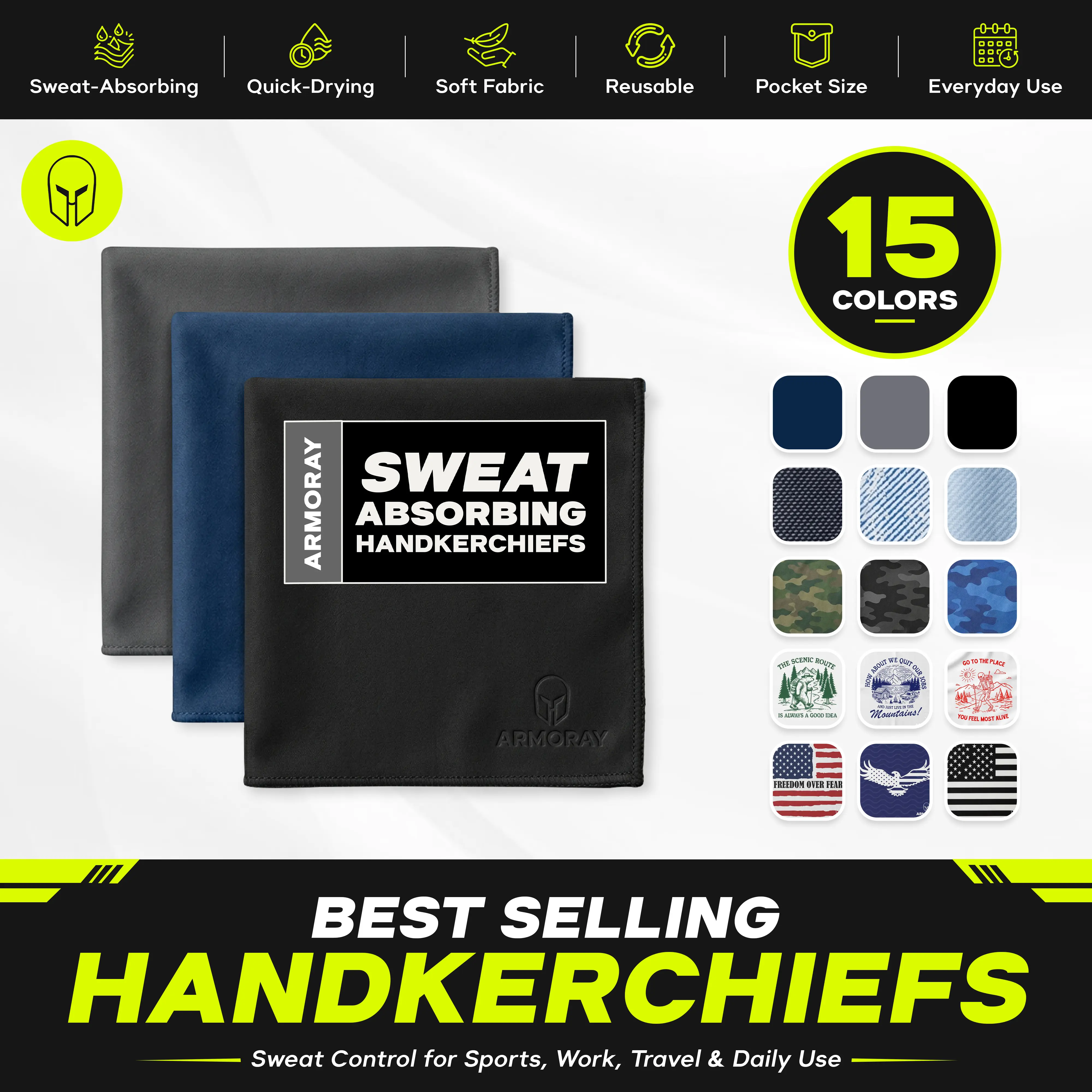 ARMORAY Sweat Absorbing Handkerchief, UltraSoft Reusable Quick-Dry Sweat Towel for Gym, Sports & Travel
