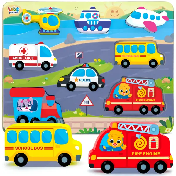 Lucas & Friends Jumbo Montessori Wooden Vehicle Puzzle Toy for Toddlers Ages 2-4, 8 Jumbo Pieces Grip Wooden Boat & Bus Pieces, Colorful Long Lasting Screen-Free Learning Toy, Safe for Independent Play, Montessori Puzzles Gift, Beginner