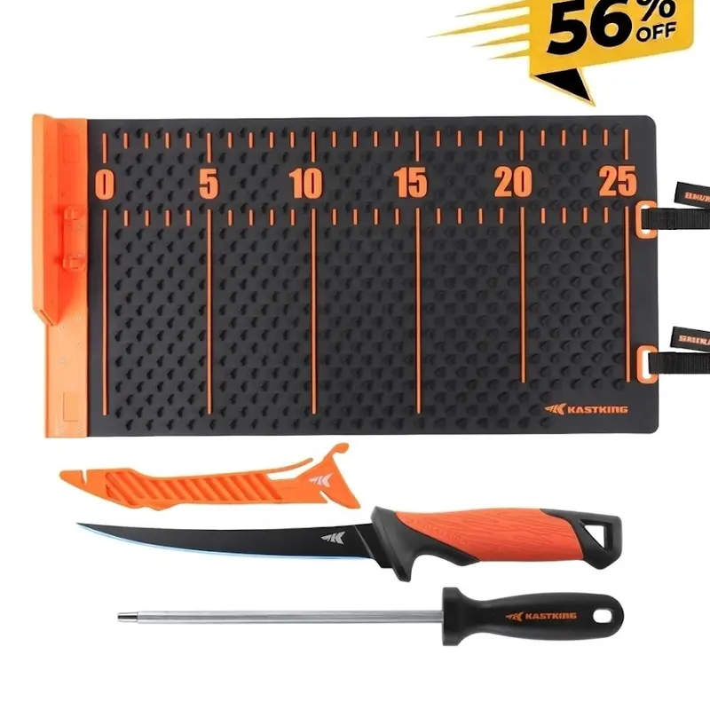 KastKing EZ Fillet Fish Mat Kit for Anglers - Kitchen/Outdoor Fishing Cleaning Station with 25in Ruler, Non-Slip Texture, Easy-Clean Reusable Foldable Mat, Stainless Knife, PVC Handle Rod, Sharpen Tool (63.36oz Fish Fillet Set)
