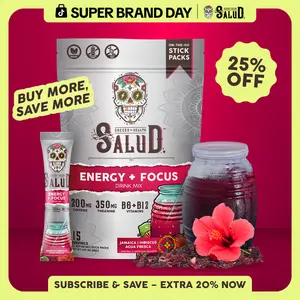 Salud 2-in-1 [Energy + Focus – Jamaica | Hibiscus] Clean Energy Drink Mix, Agua Fresca, Organic Caffeine, B6 & B12, L-Theanine, Drink Packets, Non-GMO, Gluten Free, Vegan, Low Calorie, 1g Sugar (15 Servings)