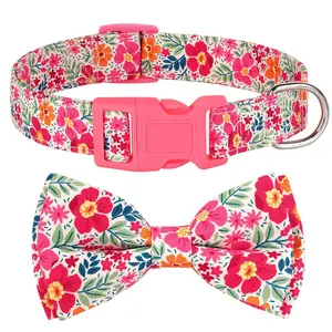 Floral Pattern Pet Collar with Bow Tie, 1 Count Adjustable Pet Collar with Safety Buckle, Pet Supplies for Outdoor Walking, Dog & Cat Accessories