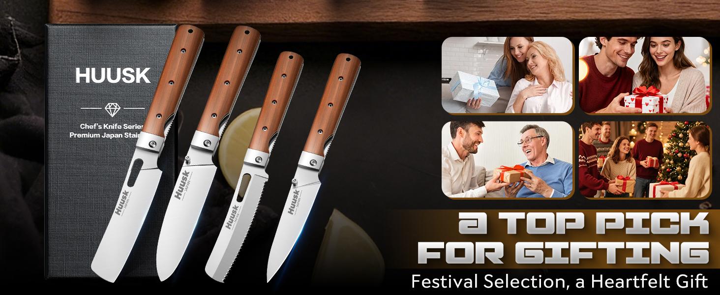 Huusk Folding Chef Knife Set - Including Nakiri, Santoku, Bread and Fruit Knives - EDC Kitchen Knife Set with 440C Stainless Steel Ultra Sharp Blade - Japanese Pocket Knives for Gift Giving
