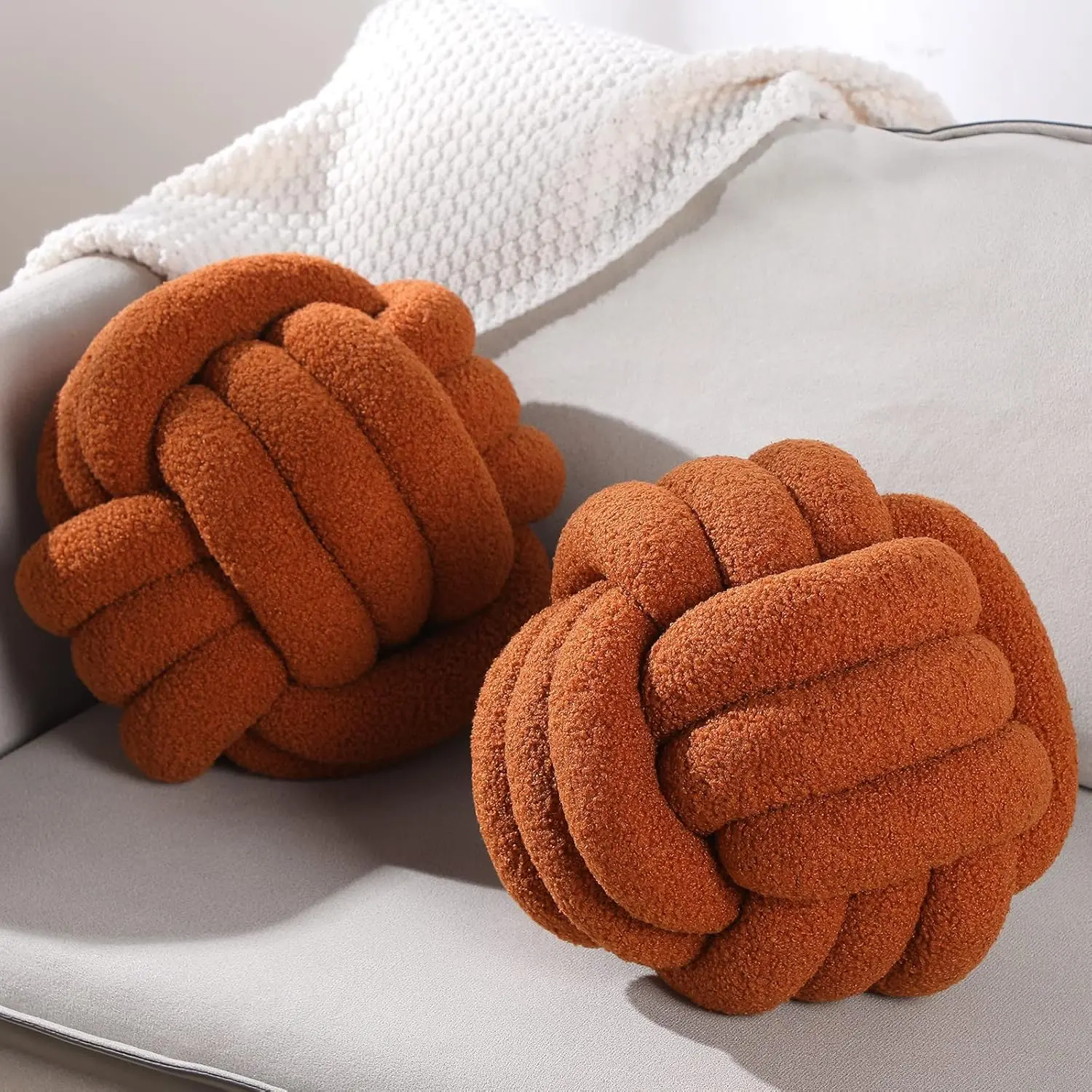 2 count Knot Pillows Ball Round Decorative Pillows Aesthetic Knotted Throw Plush Pillows Cushion for Home Room Sofa Bed Floor (Caramel, 11 Inch)