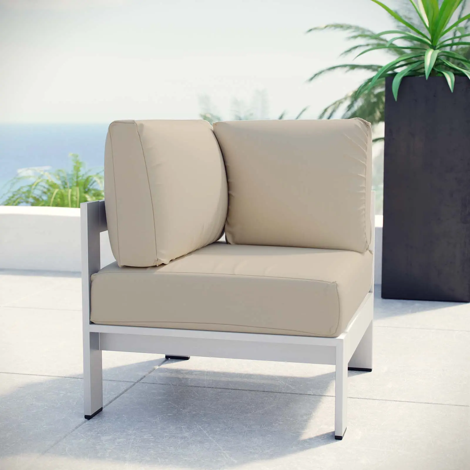 Modway Shore Casual Aluminium Weatherproof Corner Sofa - Silver Beige Outdoor Living Furniture for Patios