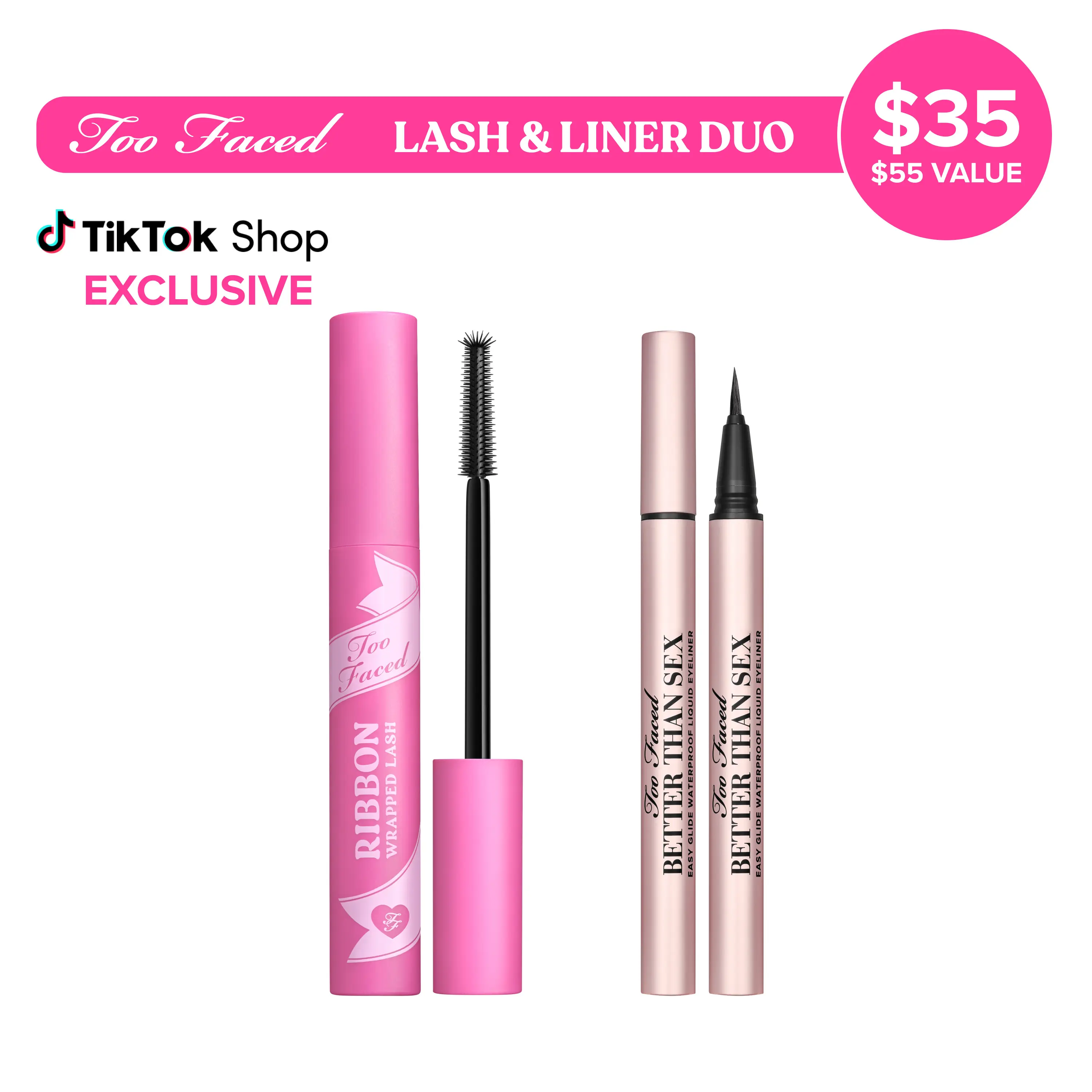 Too Faced Lash and Liner Duo - Ribbon Wrapped Lash Tubing Mascara + Black Waterproof Liquid Eyeliner