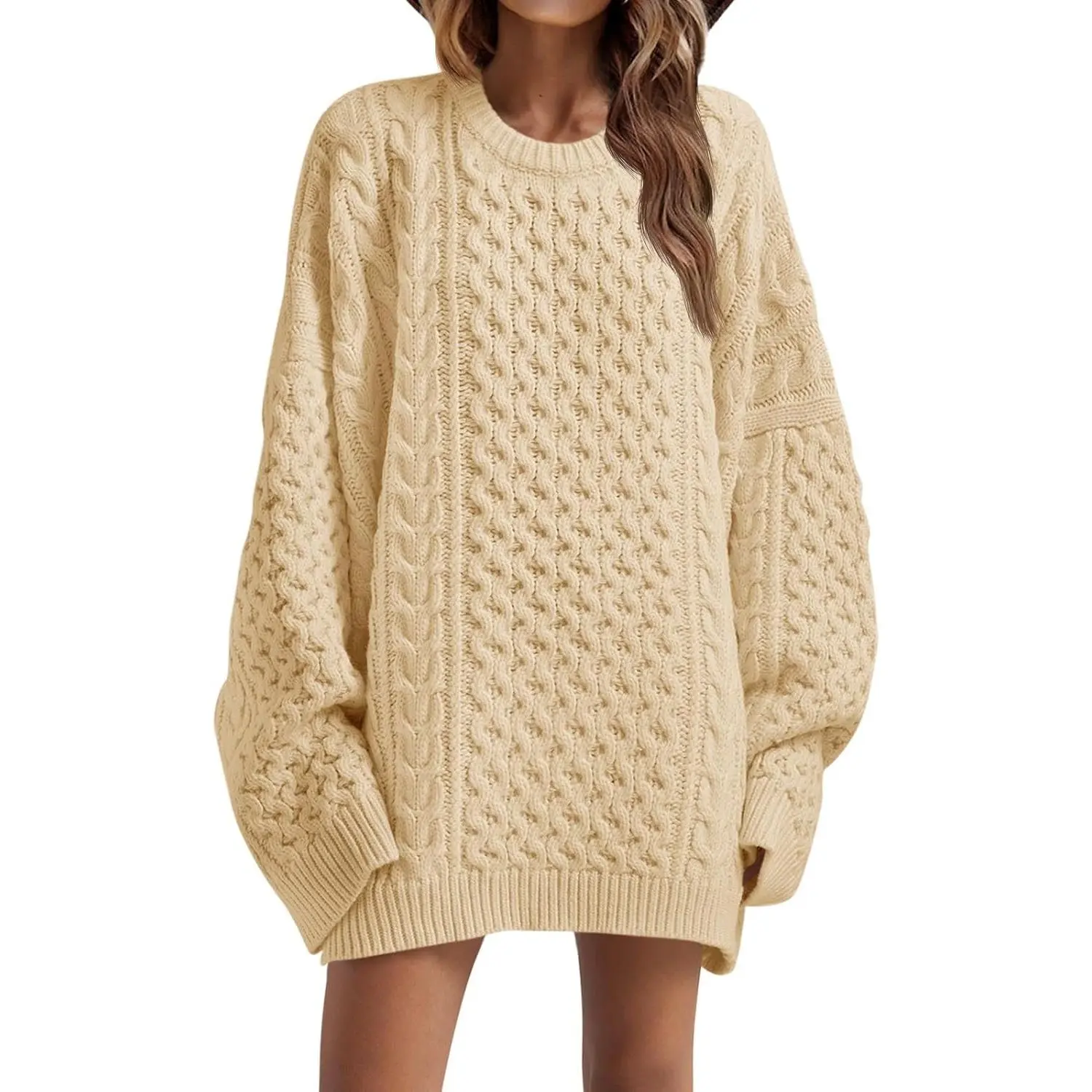 Saodimallsu Women's Oversized Knitting Sweater - Chunky Cable Knit Crew Neck, Long Sleeves, Loose Tunic Top, Casual Knitwear for Party, Work