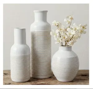 Rustic Farmhouse Vase Set of 3 - Ceramic Decorative Flowers Vases Home Decor - Pampas Grass Dried Fresh Flowers - for Centerpiece, Table, Mantel Entryway, Kitchen, Bedroom (White)