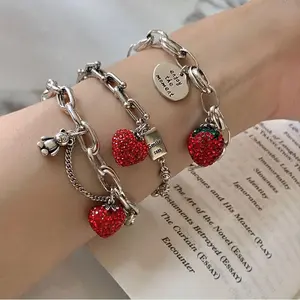 Women's Silver Thick-Chain Sports Wristbands, Trendy Elegant Strawberry Zircon-Embedded Party Jewelry