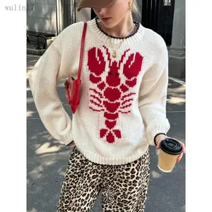 2025 Women’s Cartoon Lobster Print Drop Shoulder Sweater, Casual Long Sleeve Crewneck Pullover for Autumn & Winter, Fashionable Women’s Knitwear for Everyday Wear, Long Sleeve Tops for Women, Womenswear