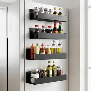 Magnetic Spice Rack for Refrigerator, 4 Pack Black Metal Fridge Organizer Shelves, No Drilling Magnetic Storage Organizer for Kitchen, Pantry, Hold Spices, Jars, Condiments