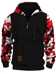 Men's Regular Fit Camo Print Zip Up Hoodie, Casual Long Sleeve Hooded Sweatshirt for Fall & Winter, Men's Clothes for Daily Wear, Athletic Hoodies, Tops, Camouflage Logo Sweatshirt