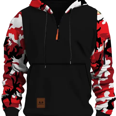 Men's Regular Fit Camo Print Zip Up Hoodie, Casual Camouflage Streetwear Long Sleeve Hooded Sweatshirt for Fall & Winter, Men's Clothes for Daily Wear, Casual Hooded Sweatshirts, Tops