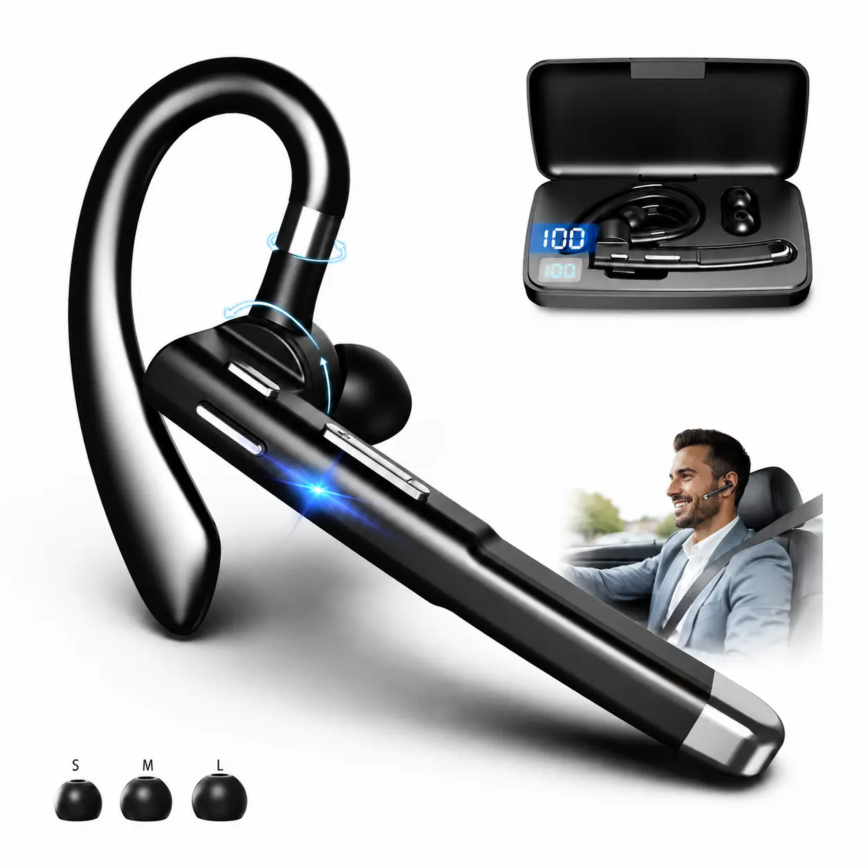 Bluetooth Trucker Headset with Mic & Charging Case, Wireless Bluetooth 5.3 Single-Ear Earpiece, Noise Cancelling Hands-Free Earbud for Cell Phone, HiFi Stereo Bass, Waterproof Sports & Office Use, Long Battery Life, for Drivers & Work