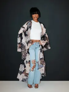Women's Casual Summer Autumn Lantern Sleeve Asymmetrical Hem Long Printed Outerwear Cardigan, Stylish and Comfortable Design Womenswear