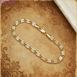 1pc 14K Gold Tri-Color Mariner Link Bracelet for Women – Polished Floral Engraved Three Tone Gold Chain Bracelet, Dainty Jewelry Gift for Her