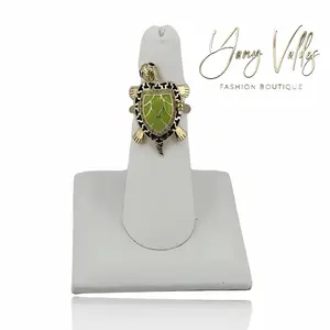 Adjustable Gold Plated Turtle Ring with Green Detail