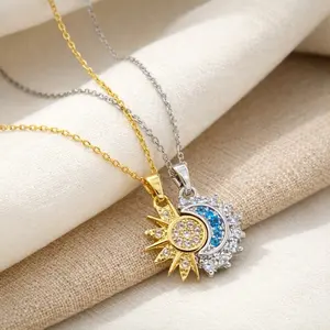 Gold and Silver Gemstone Sun and Moon Necklace for Couples