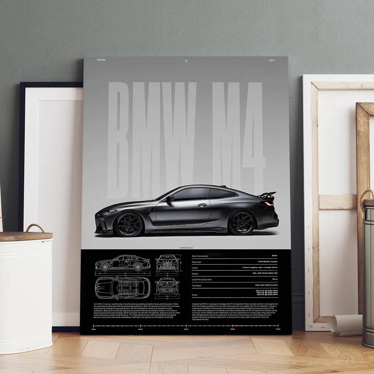 1 Count Wooden Framed Canvas, BMW M4 Design Appreciation Poster, Modern Art, Fashion Poster, Living Room Bedroom Decoration, Hallway Office Mural, Kitchen, Home Poster, Ideal Gift, High Definition, Waterproof, Artwork, Wooden Wall Art
