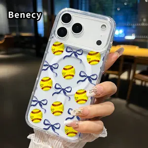 Softball Bow Dream Pattern Magnetic Phone Case for iPhone 17 16  Pro Max Plus 15 14 13 12 11 Air E Anti-Yellowing Shockproof Lightweight Transparent Acrylic Large Hole Soft Cover Supports Wireless Charging