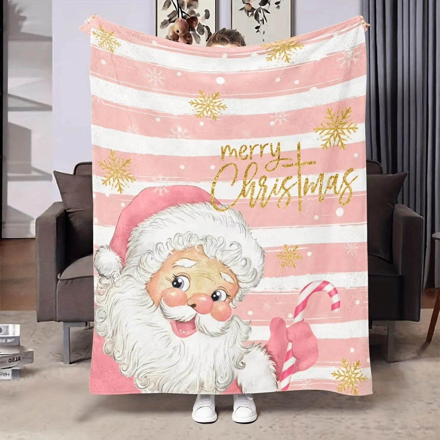 Cozy Pink Santa Claus & Snowflake Print Plush Throw Blanket - Soft, Warm, and Versatile for Couch, Bed, Chair - Perfect Christmas Gift for Everyone, Christmas Blanket, Best for Christmas