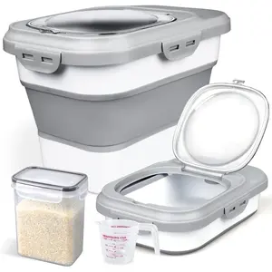 Rice Storage Container, Collapsible Airtight  Storage Containers 6-20 Lbs, Rice Dispenser with Measuring Cup and Small Bin for Flour Cereal Pasta Grain,  Pet  Bird  Container