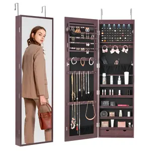 【fathersdaygift】VEVOR Mirror Jewelry Cabinet, 47.05-Inch Tall Lockable Jewelry Cabinet Armoire with Full-Length Mirror, Wall or Door Mounted Jewelry Mirror Organizer with LED Interior Lights and Velvet Lining, Brown